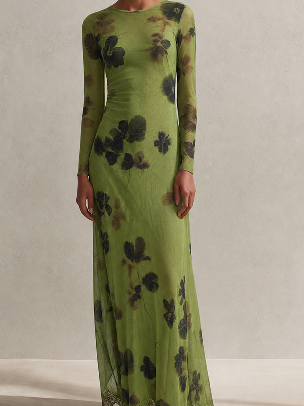 Women's Elegant Green Floral Print Mesh Round Neck Long Sleeve Lace Trim Maxi DressMDZ2052G5ZSQ