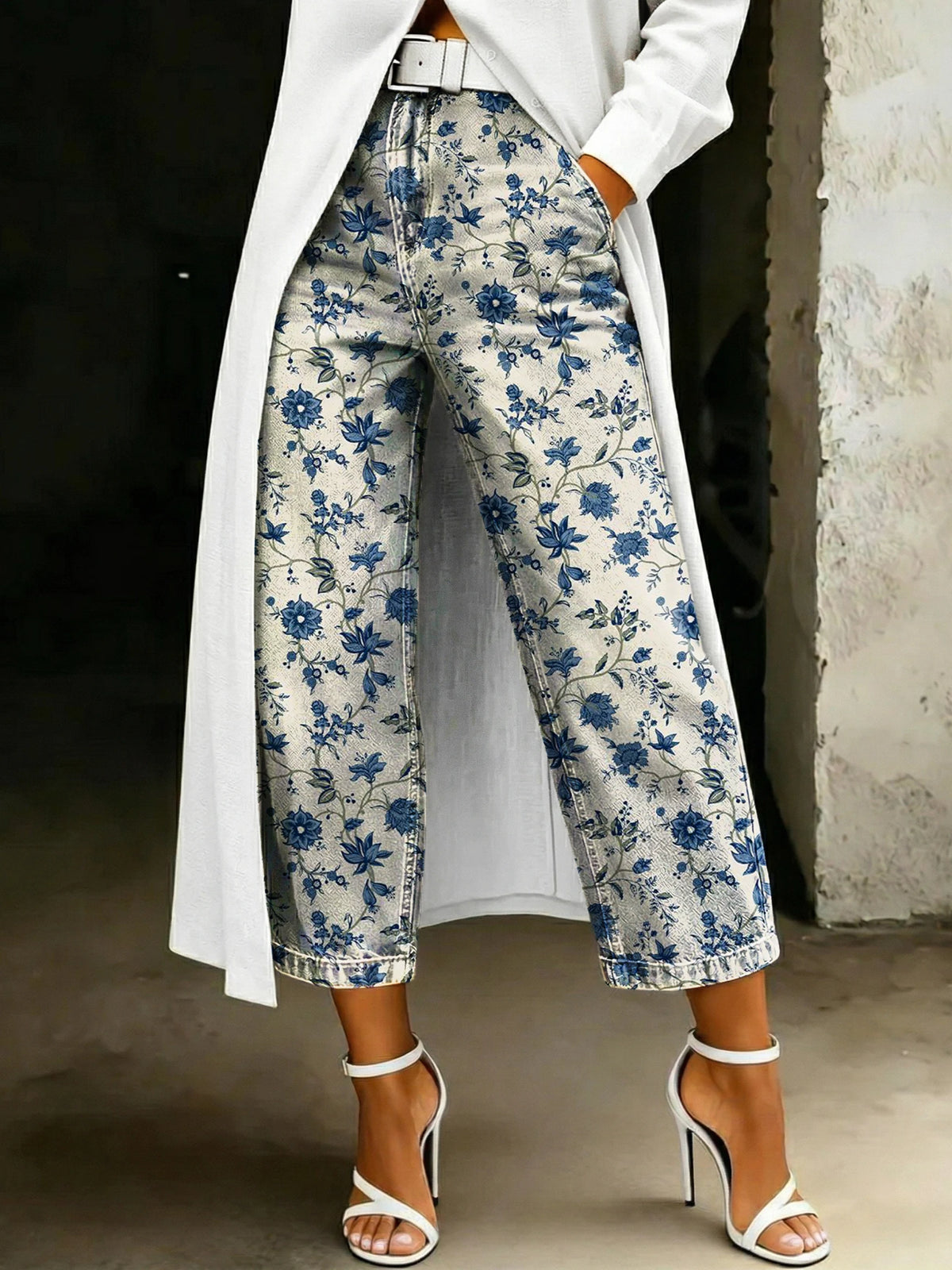 Women's Fashion Ethnic Floral Loose-fit Printed Wide-leg Casual Denim Pants