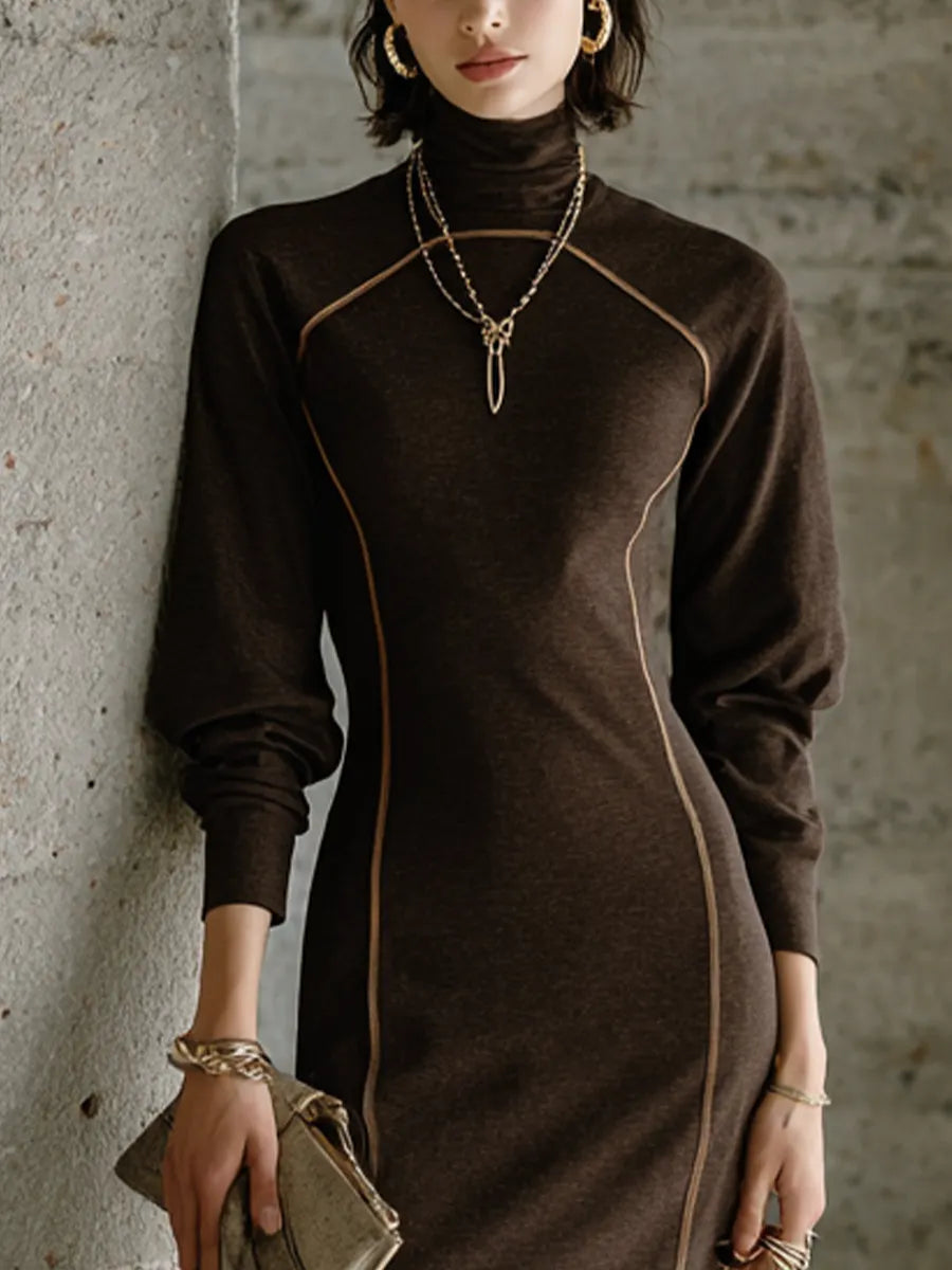 Women's Elegant Slim Dark Brown Cotton Blend Turtleneck Contrast Stitch Lantern Sleeve Midi Dress MDZ1512G9GMJ