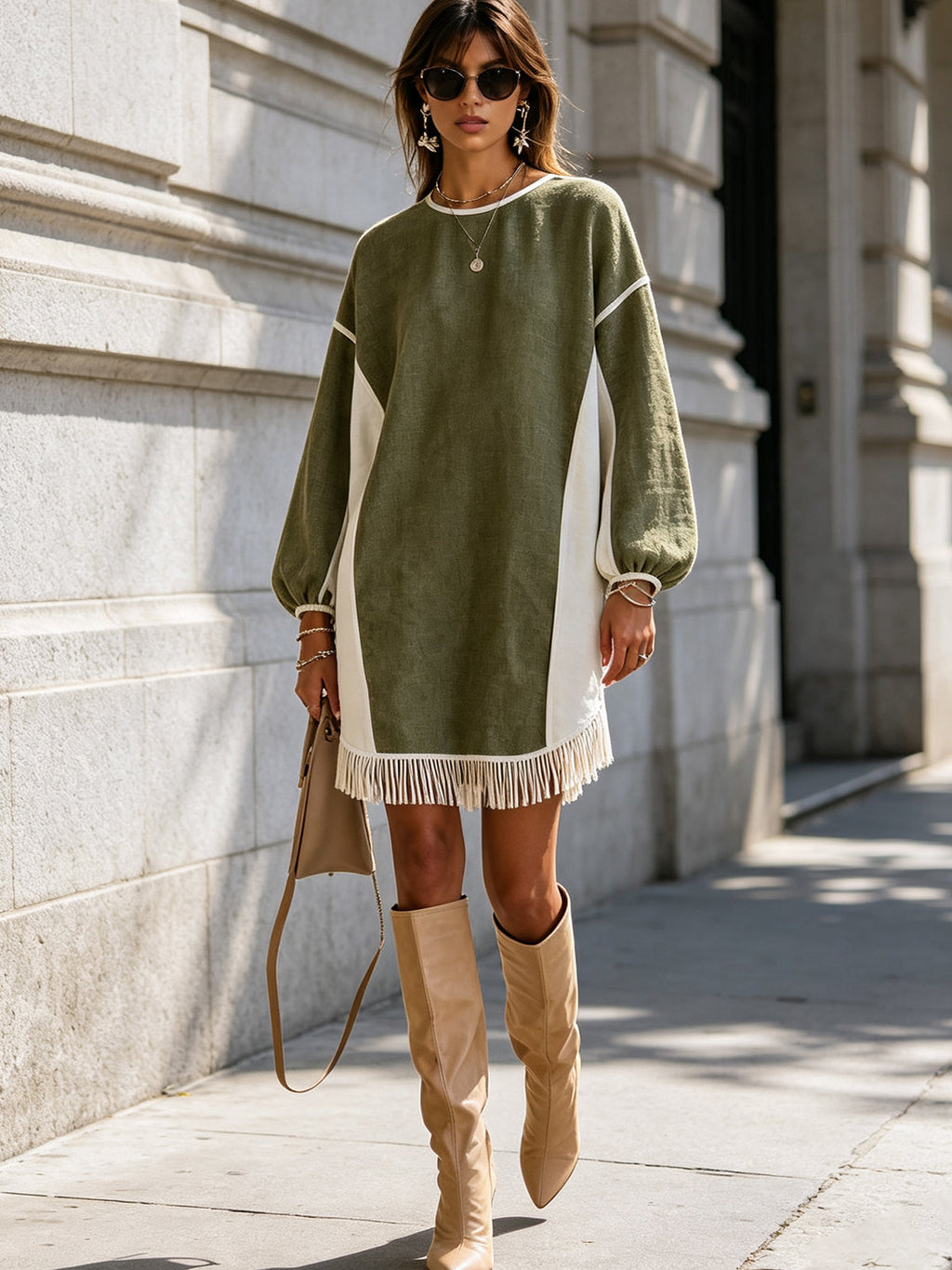 Olive Ivory Fringe Hem Oversized Mini Dress