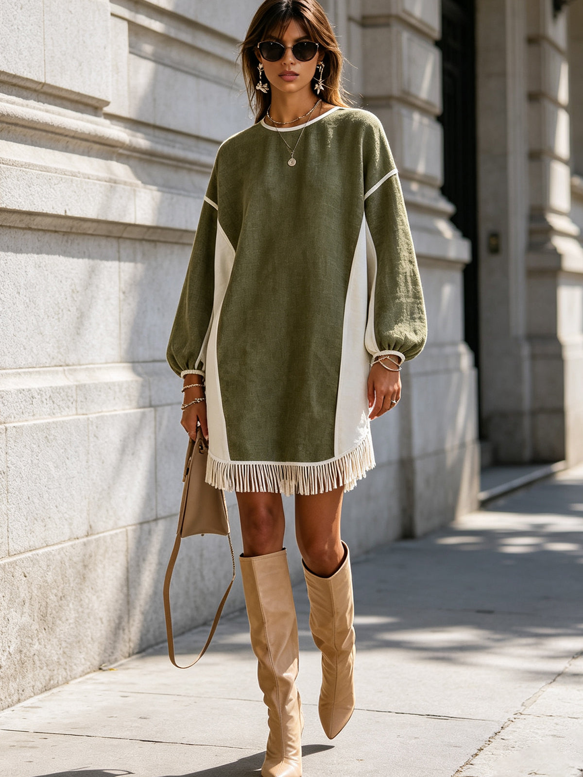 Olive Ivory Fringe Hem Oversized Mini Dress