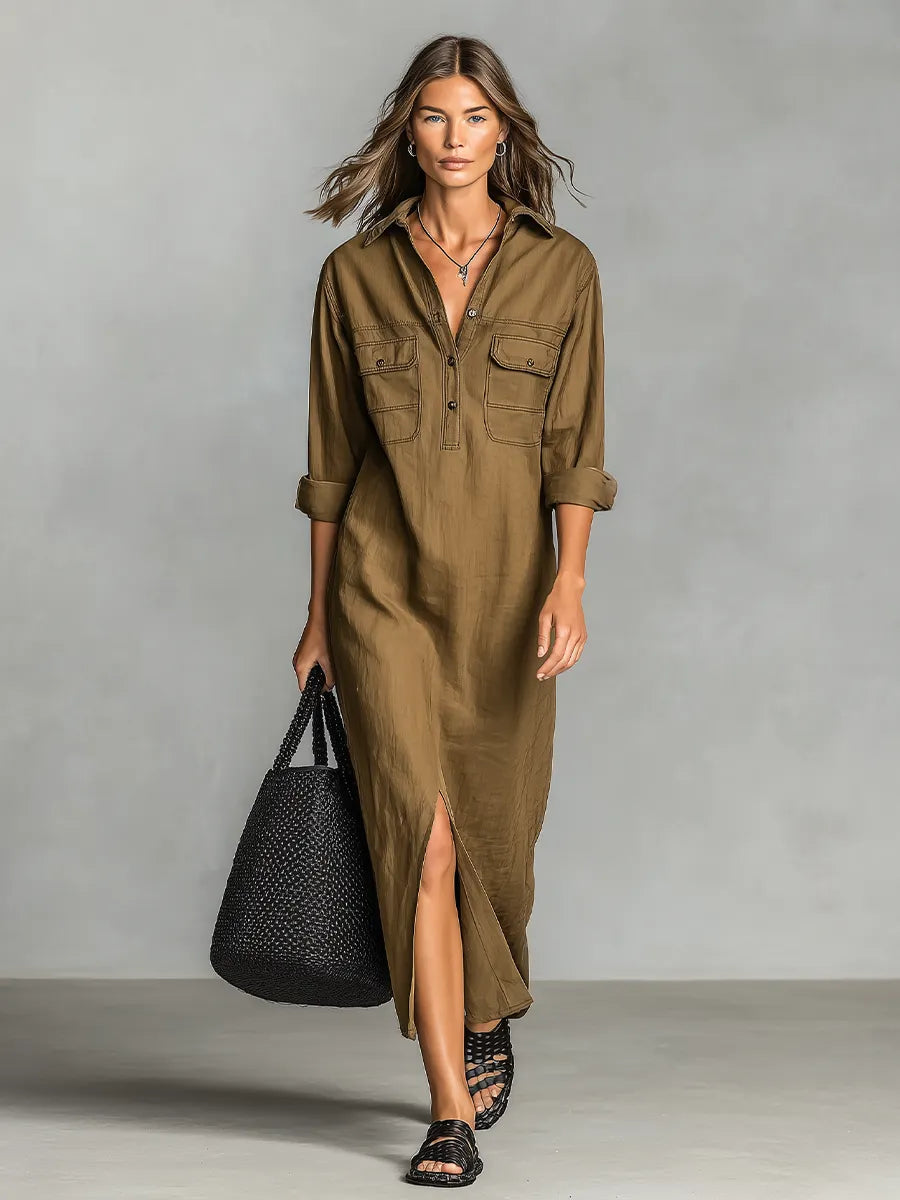 Women's Brown Cotton Blend Shirt Maxi Dress With Dual Chest Patch Pockets & Front Thigh Slit, Casual Utility Resort Loose Shirt Maxi Dress MDZ0943G1LYL