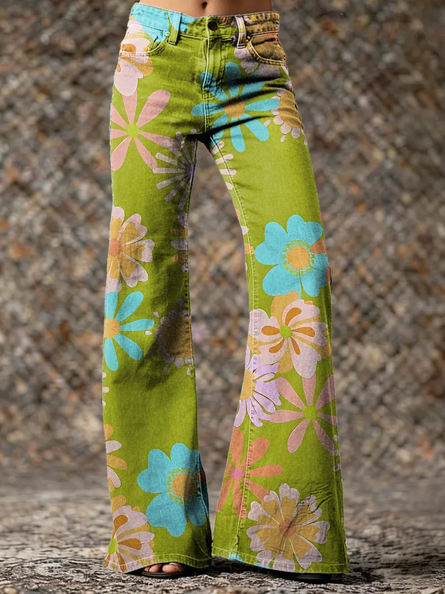 Ethnicity Doodle Flower Women's Print Casual Wide Leg Pants