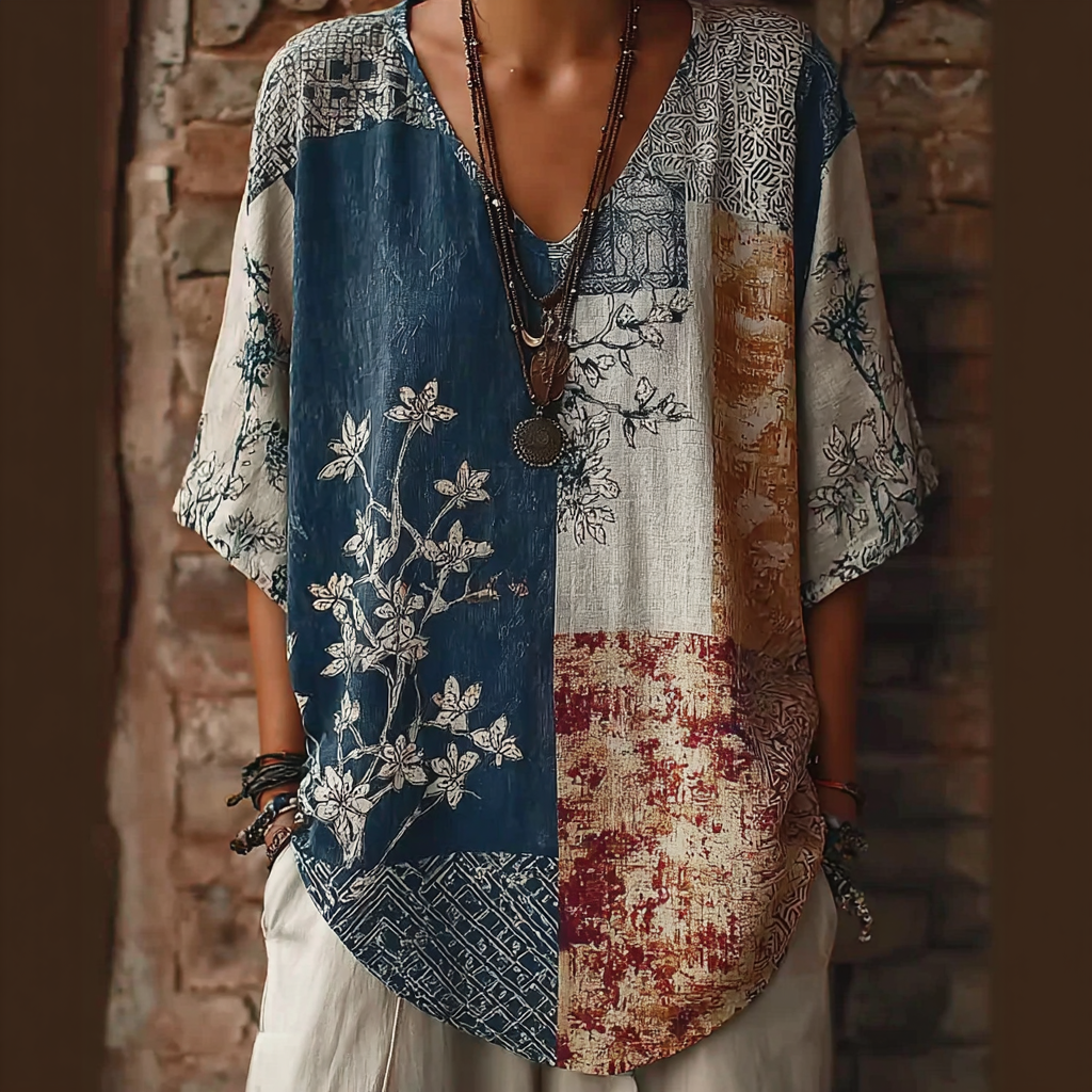Japanese Art Retro Geometric Patchwork Plant Flower Print Women's V-neck Cotton And Linen Top
