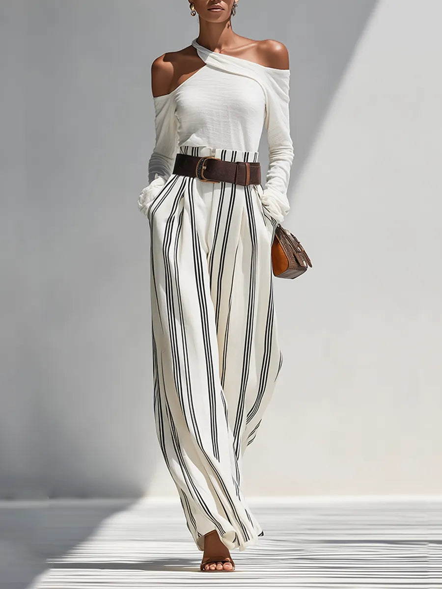 Women's Solid White Light Knit Co-Ord With One Shoulder Cutout Blouse & Pleated Striped Flow Palazzo Trousers, Modern Effortless-Chic Daily Casual Two-Piece Set (without Belt) MDZ0199G0LYL