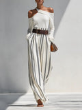 Women's Solid White Light Knit Co-Ord With One Shoulder Cutout Blouse & Pleated Striped Flow Palazzo Trousers, Modern Effortless-Chic Daily Casual Two-Piece Set (without Belt) MDZ0199G0LYL