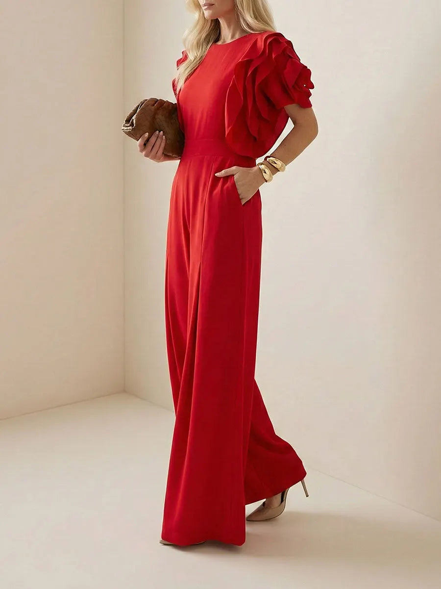 Loose Short Sleeves Falbala Solid Color Round-Neck Jumpsuits