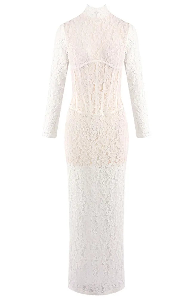 Long Sleeve Structured Lace Maxi Dress White