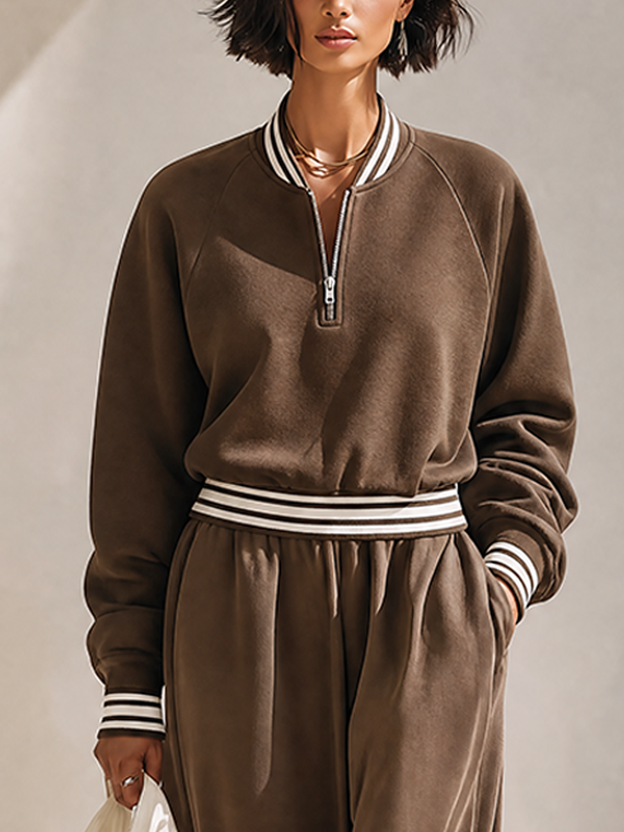 Women's Coffee Brown Cotton Blend Striped Trim Half-Zip Sweatshirt & Wide Leg Sweatpants Tracksuit Set MDZ2400G8ZRK