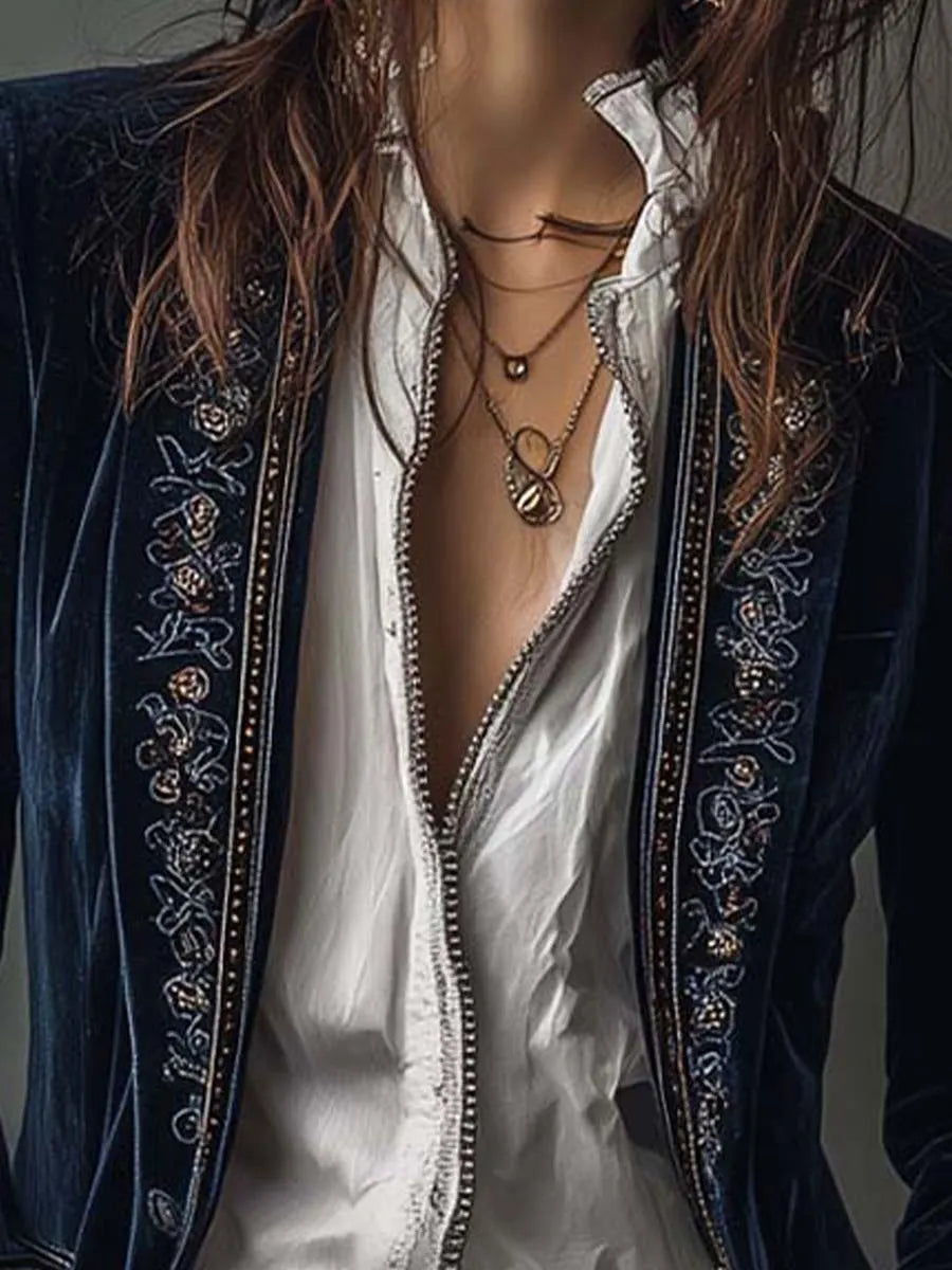 Vintage Navy Polyester Velvet Embroidered Long Jacket