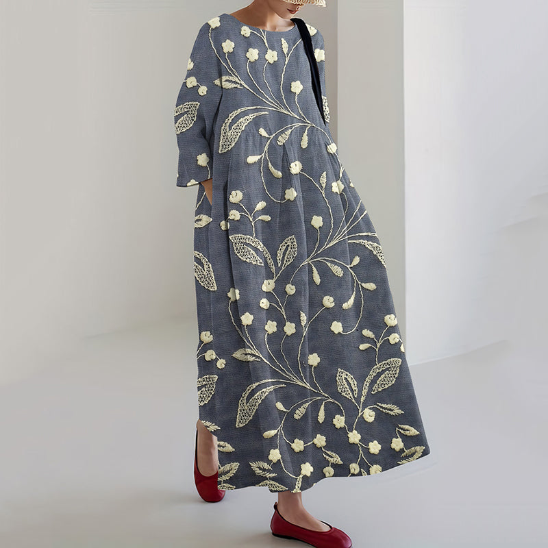 Floral Embroidery Print Long Sleeve Casual Midi Dress