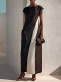Women's Minimalist Black & White Color Block Cap Sleeve Maxi Dress MDZ1635G7ZRK