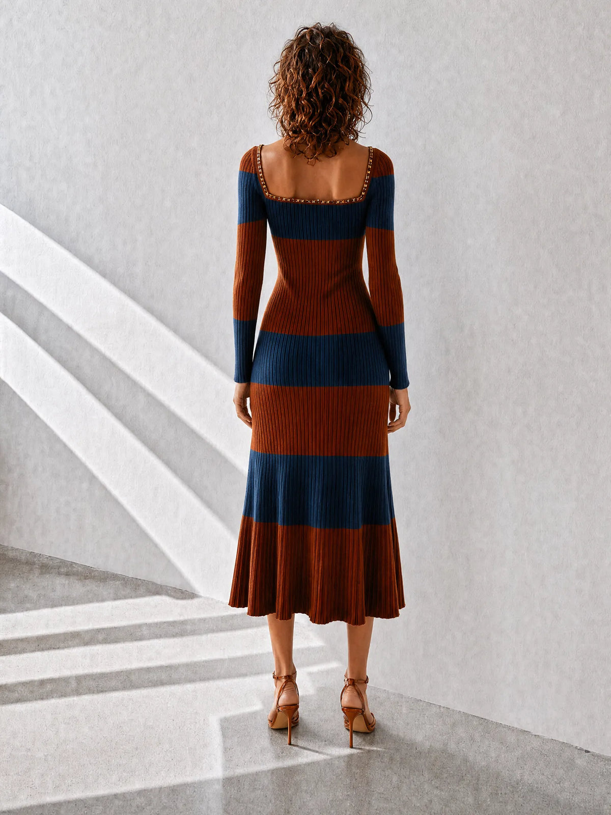 Women's Elegant Vintage Brown-and-Navy Striped Square-Neck Long-Sleeve Fitted Ribbed-Knit Midi Dress MDZ1344G4CMX