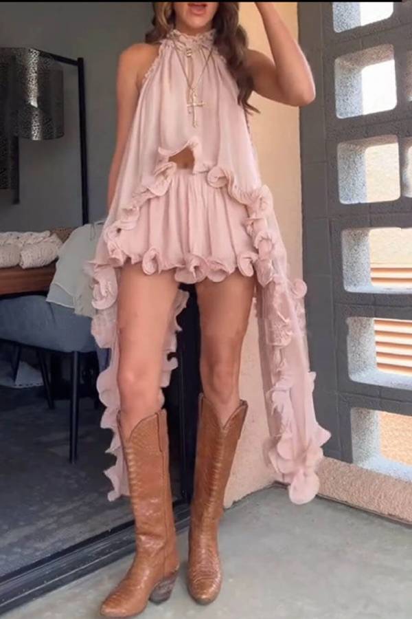Delicate Romantic Drama Chiffon Wavy Ruffles Elastic Waist Loose Shorts