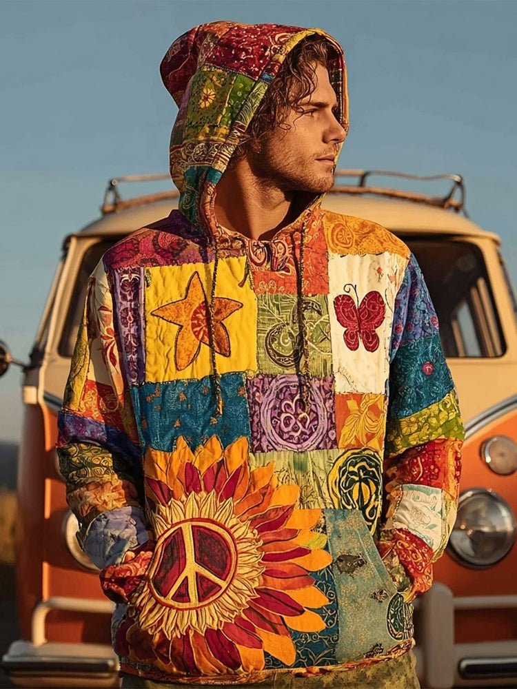 Men's Vintage Hippie Peace Sign Patchwork Cozy Hoodie