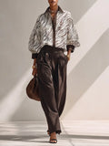 Women's Minimalist Lightweight Zebra-Print Long-Sleeve Shirt & Solid Brown Wide-Leg Trousers Two-Piece Set MDZ0696G1ZRK