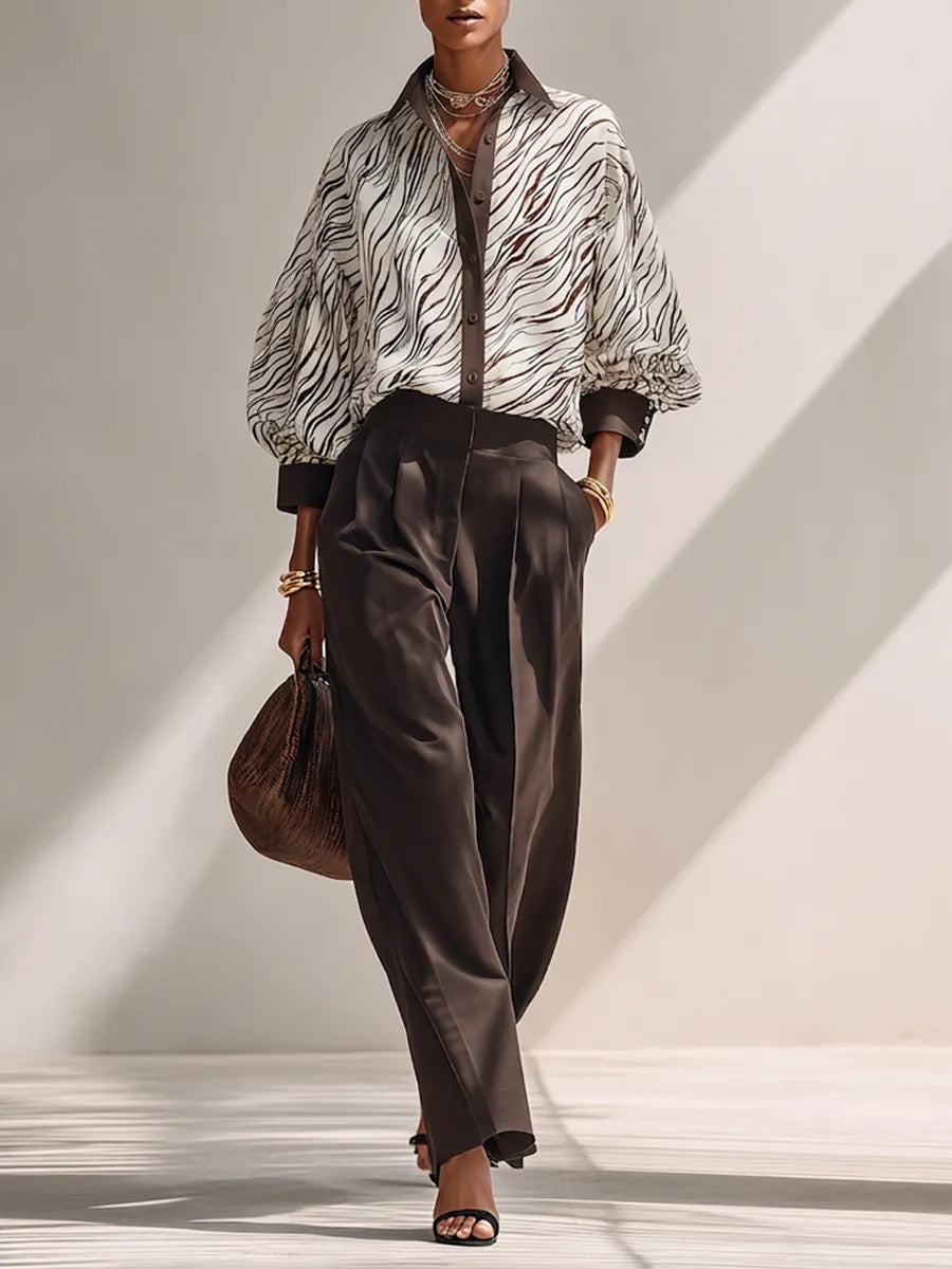 Women's Minimalist Lightweight Zebra-Print Long-Sleeve Shirt & Solid Brown Wide-Leg Trousers Two-Piece Set MDZ0696G1ZRK