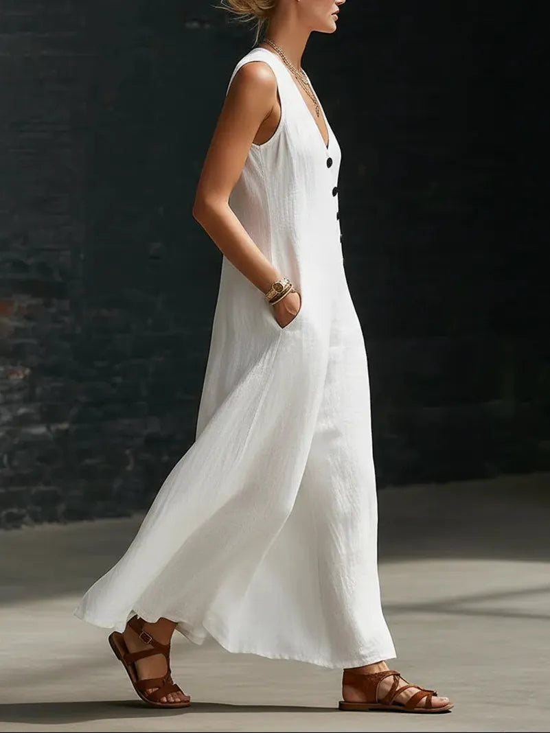 loose sleeveless V-neck diagonal button white dress