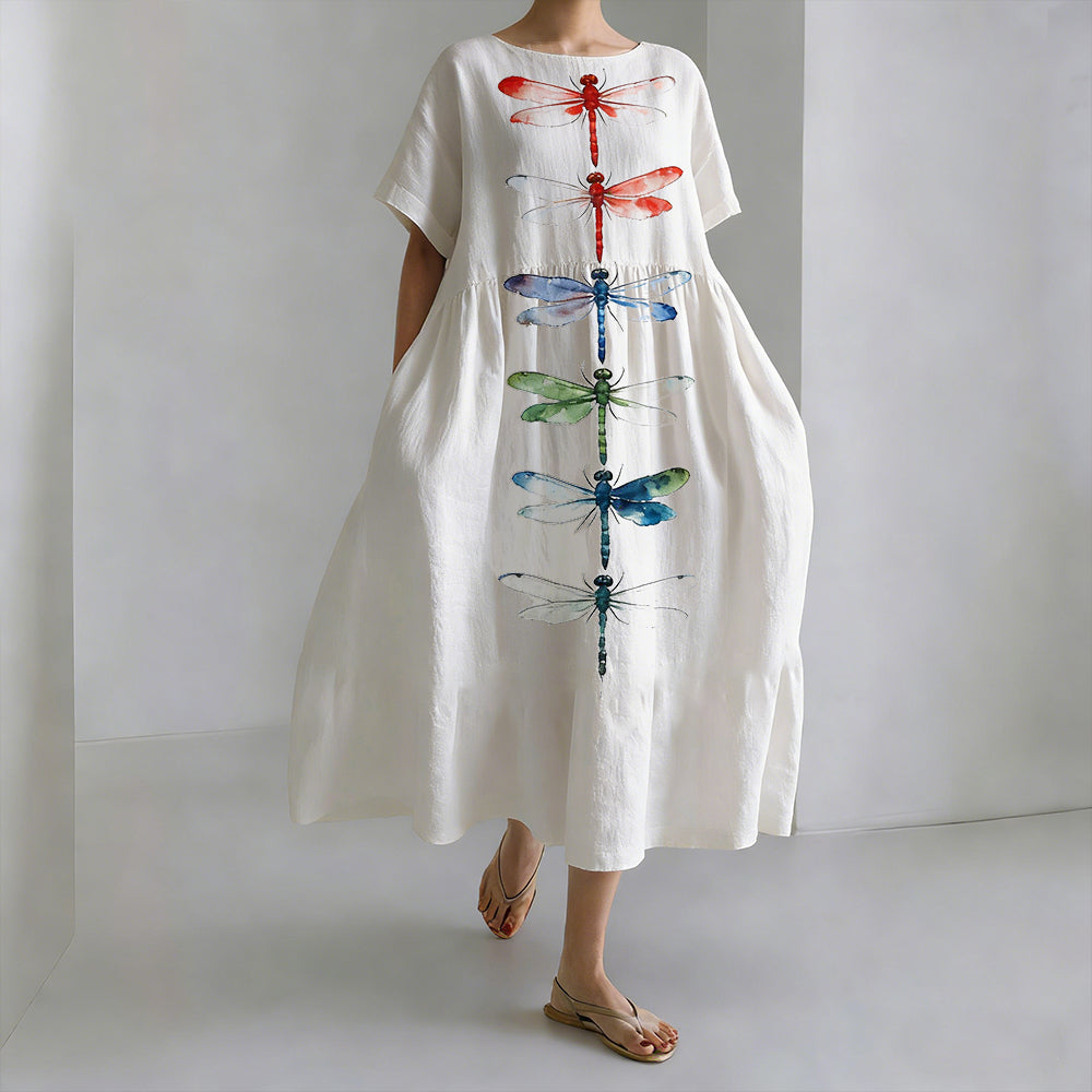 Japanese Art Color Dragonfly Print Long Sleeve Casual Midi Dress