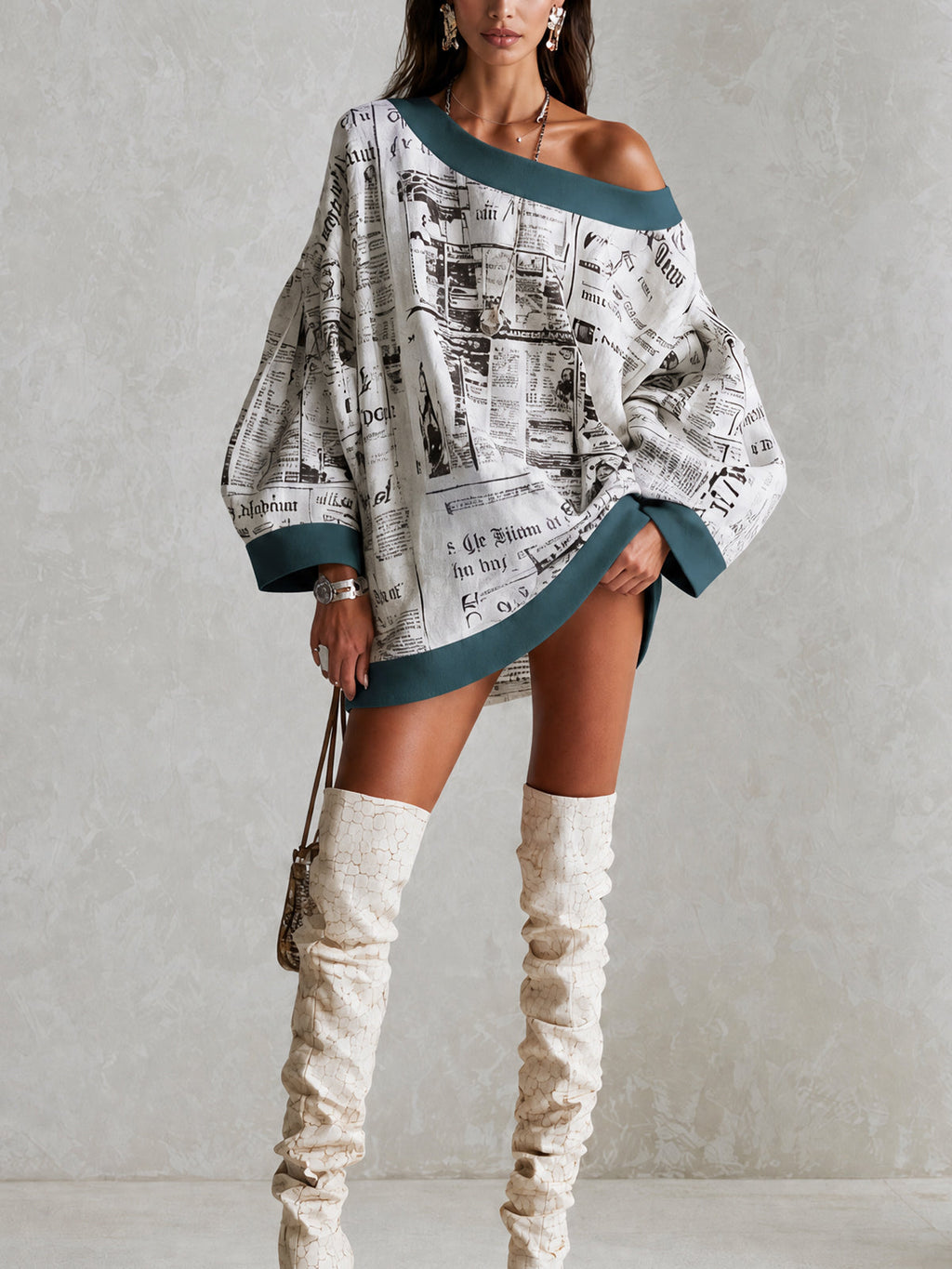 Ivory Newspaper Print Off-Shoulder Mini Dress With Teal Contrast Trim