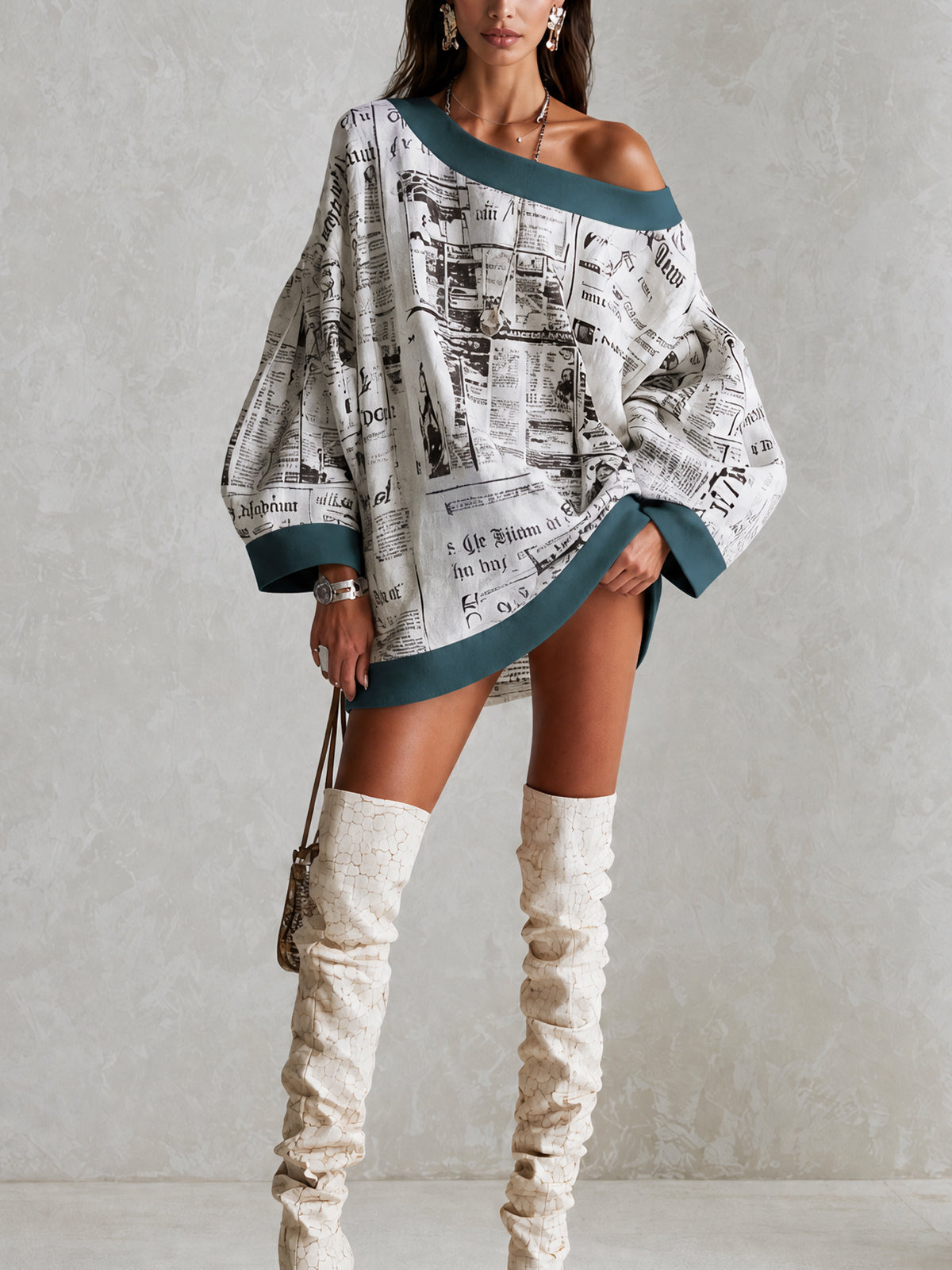 Ivory Newspaper Print Off-Shoulder Mini Dress With Teal Contrast Trim