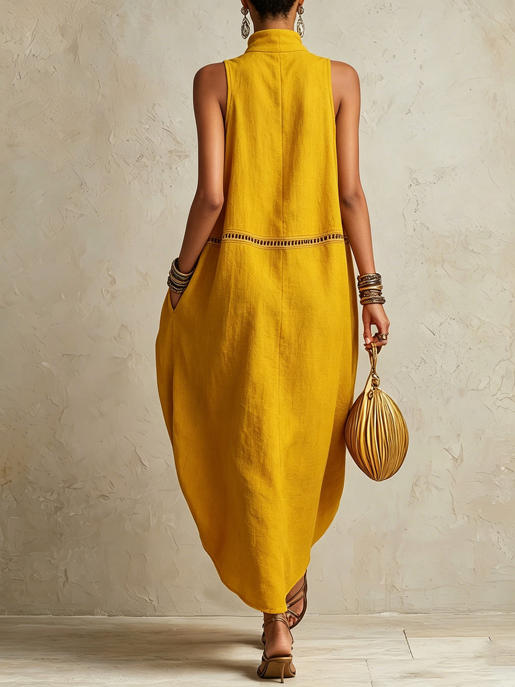 Yellow Sleeveless Maxi Dress With High Neck And Cutout Trim