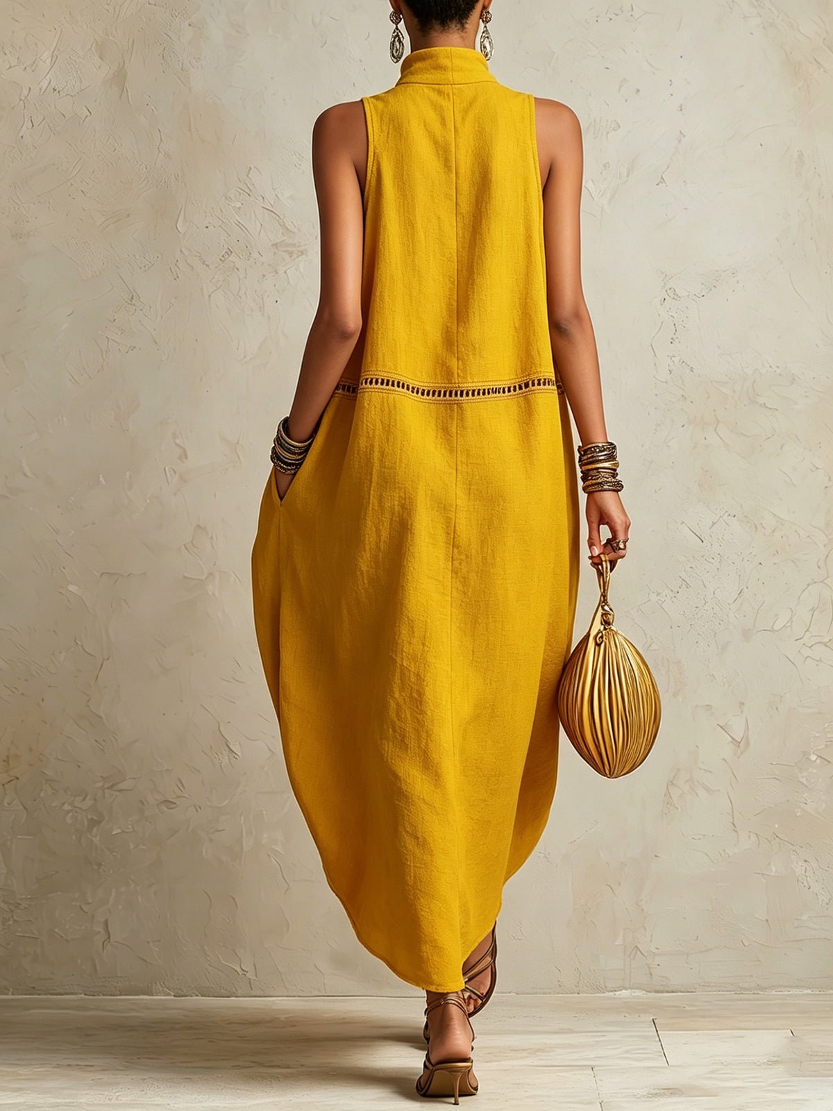 Yellow Sleeveless Maxi Dress With High Neck And Cutout Trim