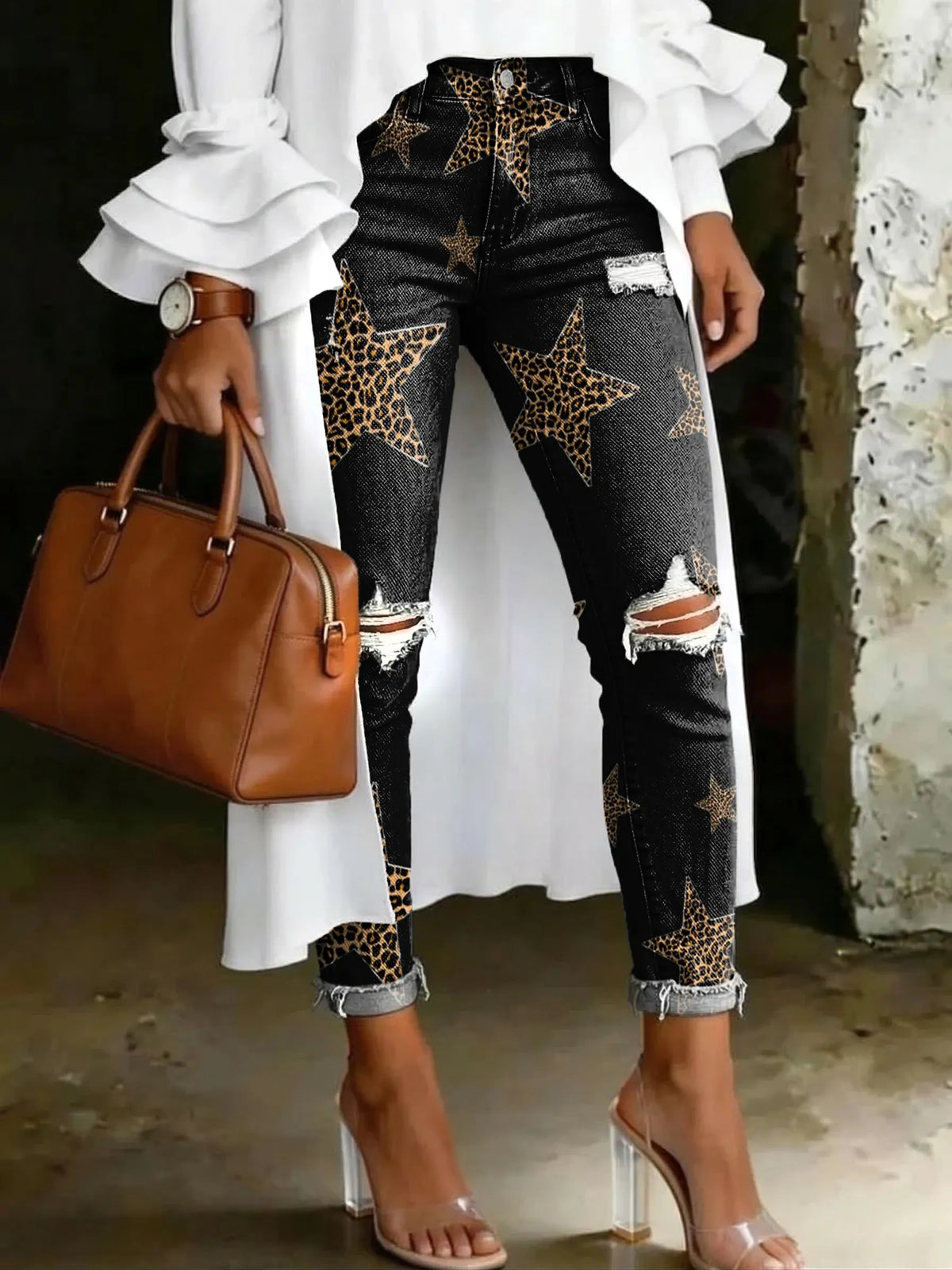 Women's Fashion Star Leopard Print Printed High-waisted Ripped Skinny Jeans