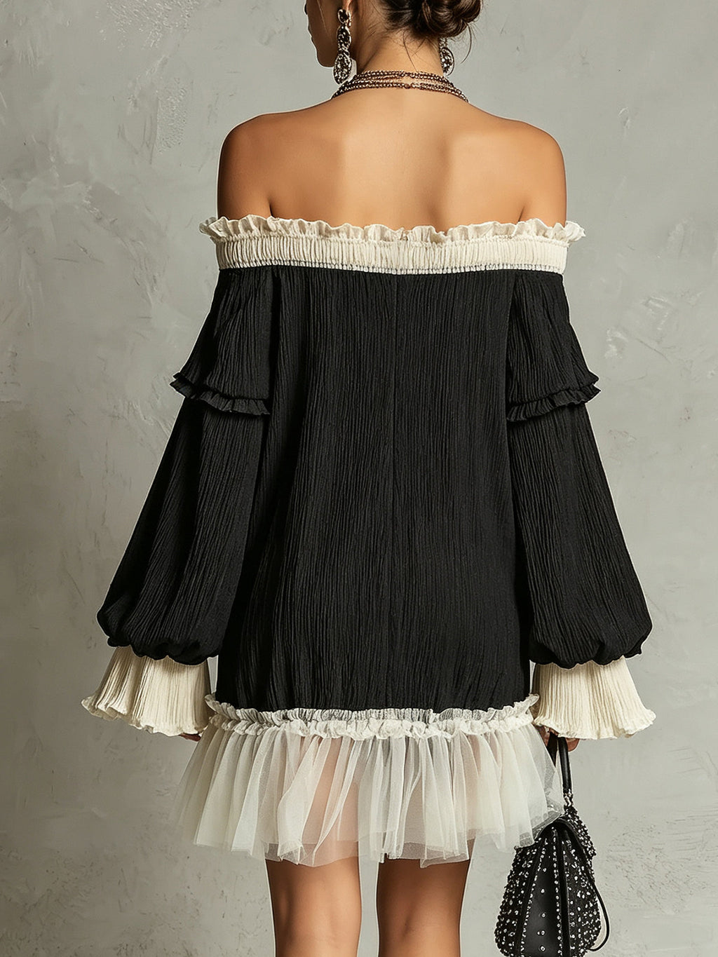 Off-Shoulder Black Ruffle Trim Mini Dress