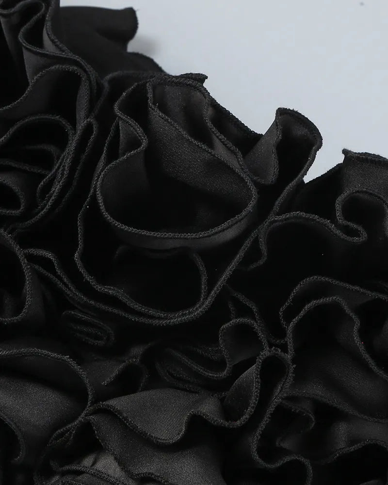 Strapless Corset Floral Ruffle Two Piece Dress Black