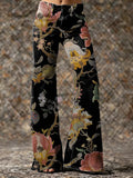 Ethnicity Retro Flowers Black Women's Print Casual Wide Leg Pants