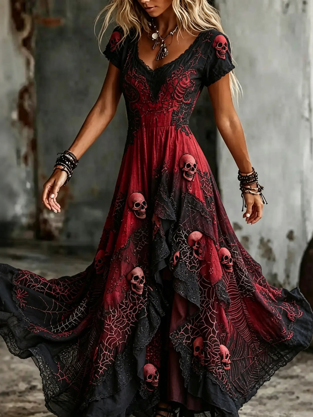 Women's Retro Gothic Skull Lace Gradient Pattern Print Short-sleeve Mixi Dress