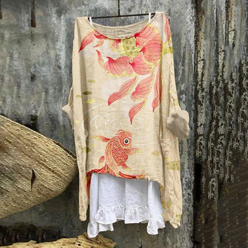 Lotus Flower And Carp Art Linen Blend Flowy Tunic