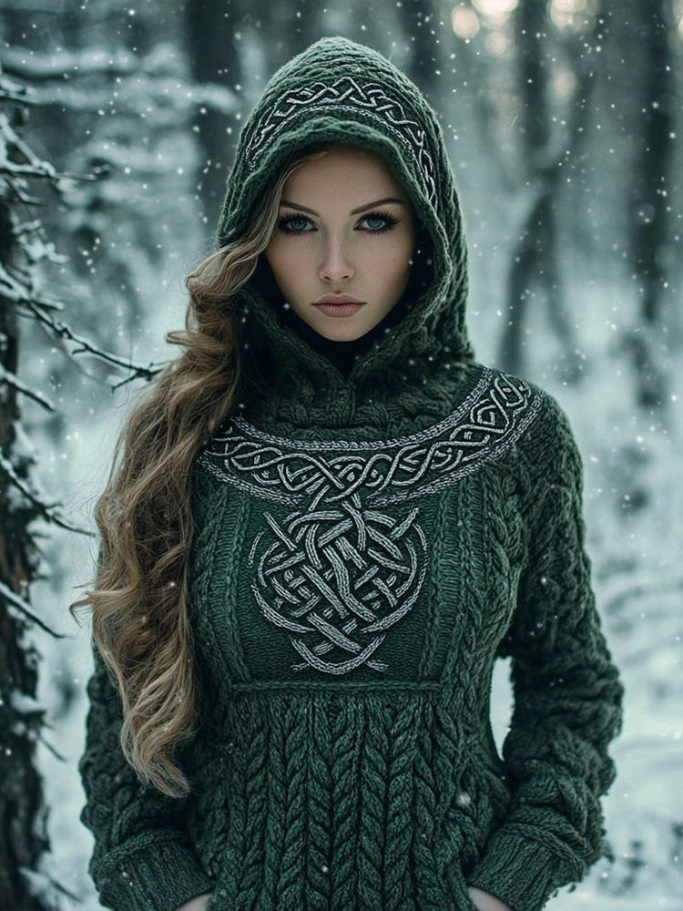 Women's Celtic Knot Pattern Chunky Knit Hooded Sweater