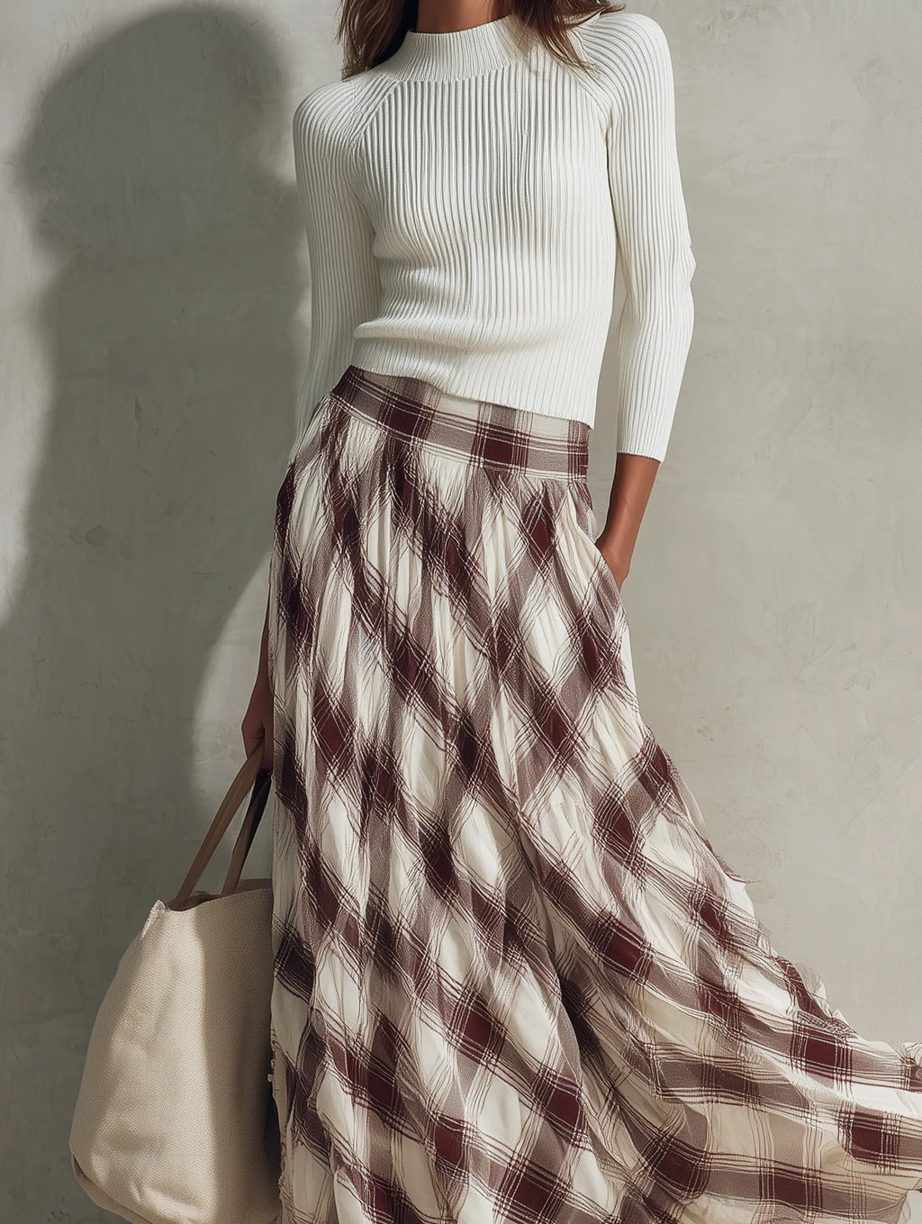 Women's Casual Off-white Long-sleeved Knit Top With A Round Neck, Paired With A Dark Red Printed Chiffon Skirt MDZ0122G6LXY
