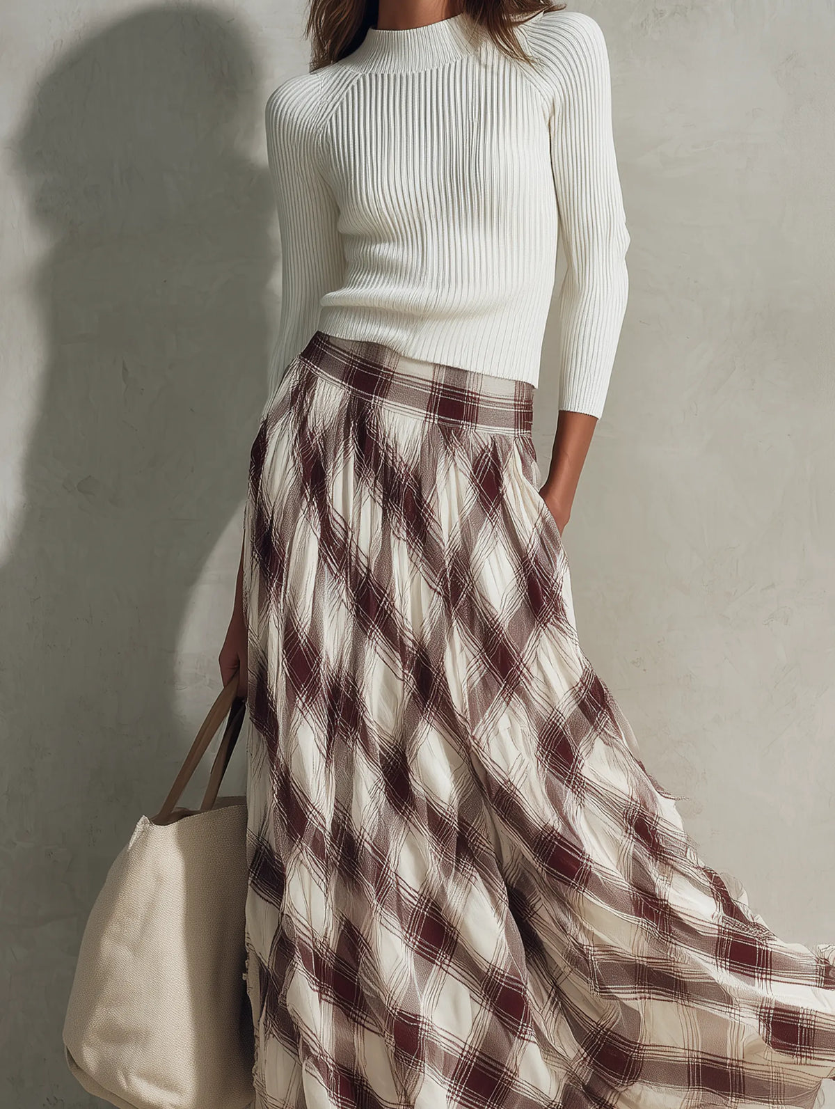 Women's Casual Off-white Long-sleeved Knit Top With A Round Neck, Paired With A Dark Red Printed Chiffon Skirt MDZ0122G6LXY