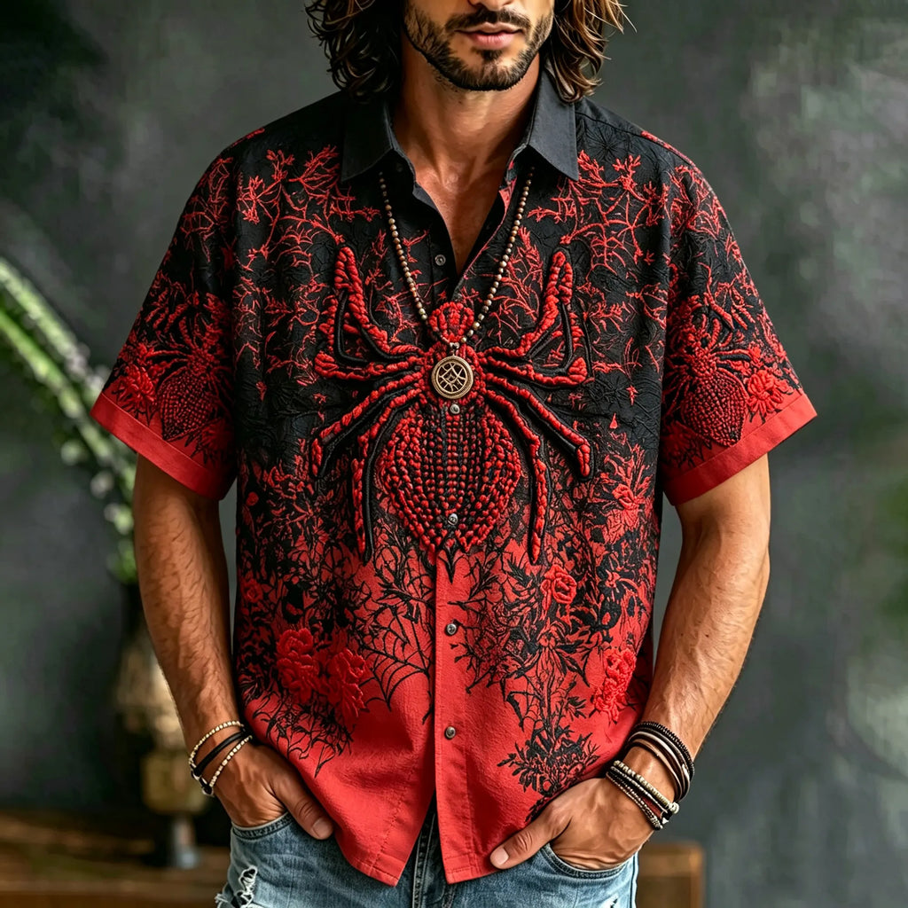 Vintage Gothic 3d Spider Embroidery Gradient Red Black Shirt