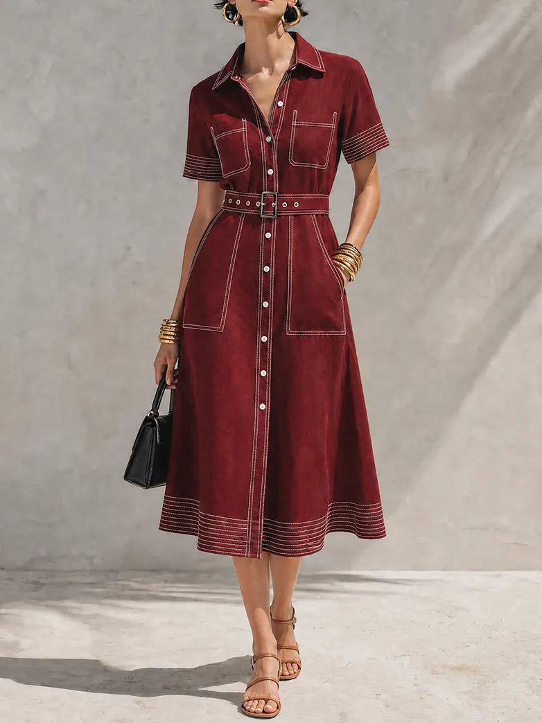 Women's Vintage Style Burgundy Cotton Blend Collared Short Sleeve Contrast Topstitch Belted Button-Front Midi Shirt Dress MDZ1453G7ZSQ