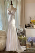 Formal Dress White Satin Spaetti-Strap Beaded Open-Back Train Elegant-Style Wedding Dress
