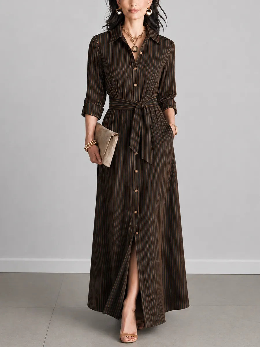 Women's Elegant Black Brown Cotton Blend Pinstripe Button Belted Split Maxi Shirt Dress MDZ2245G2GMJ