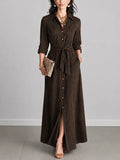 Women's Elegant Black Brown Cotton Blend Pinstripe Button Belted Split Maxi Shirt Dress MDZ2245G2GMJ