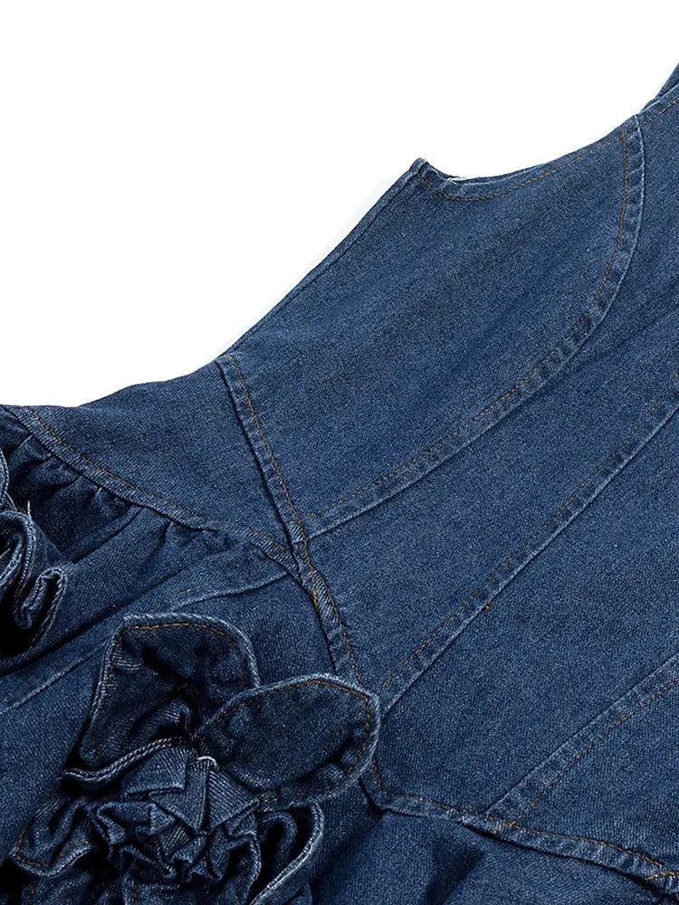 Floral Ruffle Detail Denim Dress Blue