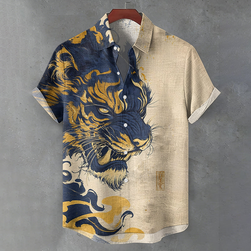 Men's Vintage Tiger Print Short Sleeve Shirt