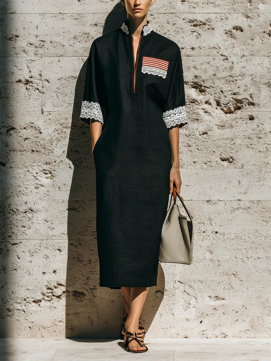 Women's Black Cotton-linen Blend Mandarin Collar Half Zip White Lace Trim Three Quarter Stripe Patch Pocket Midi Kaftan Dress MDZ1444G4YZJ