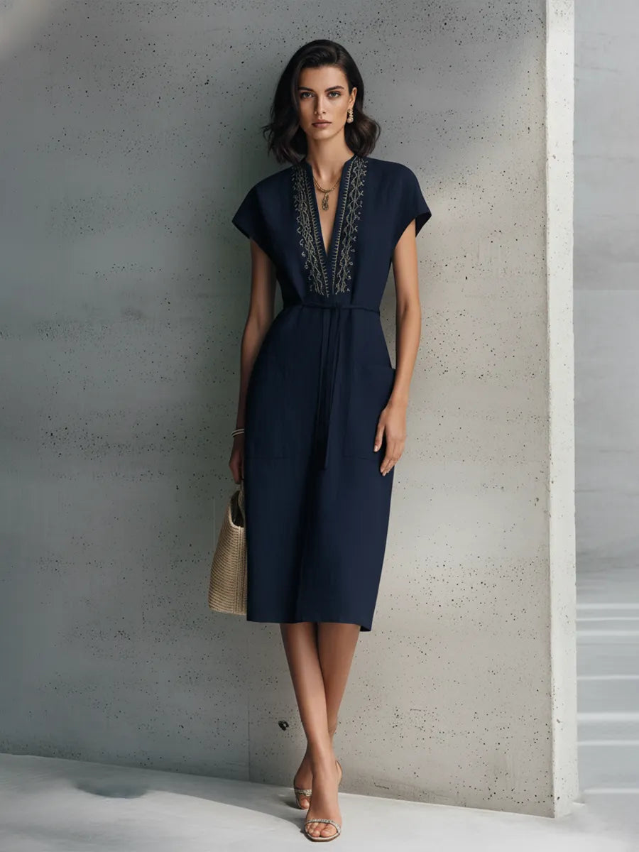Women's Navy Blue Cotton Linen Golden Embroidered V-Neck Short Sleeve Drawstring Midi Dress MDZ0540C1BA