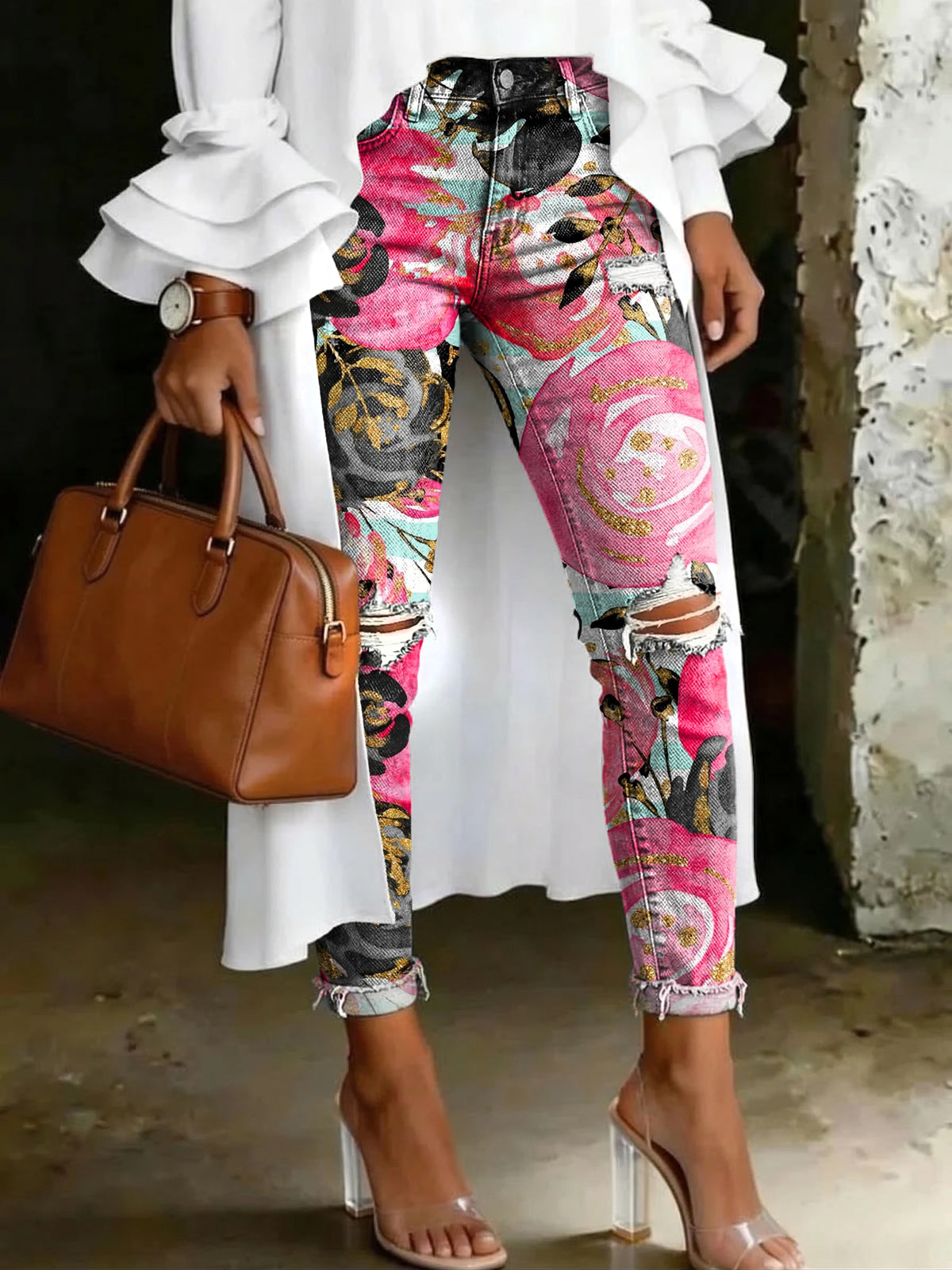 Women's Fashion Watercolor Rose Sketch Printed High-waisted Ripped Skinny Jeans