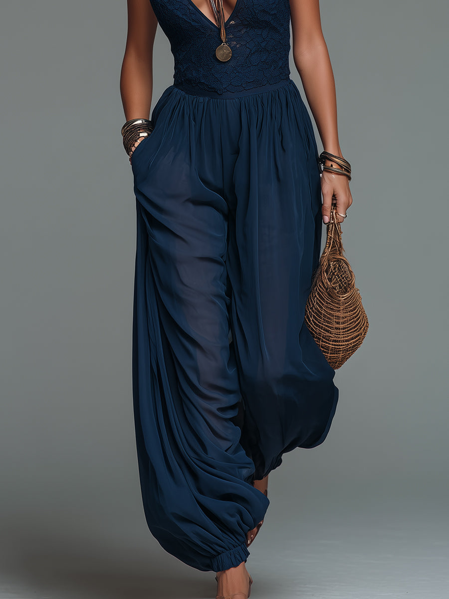 Boho V-Neck Lace-Paneled Chiffon Balloon Jumpsuit