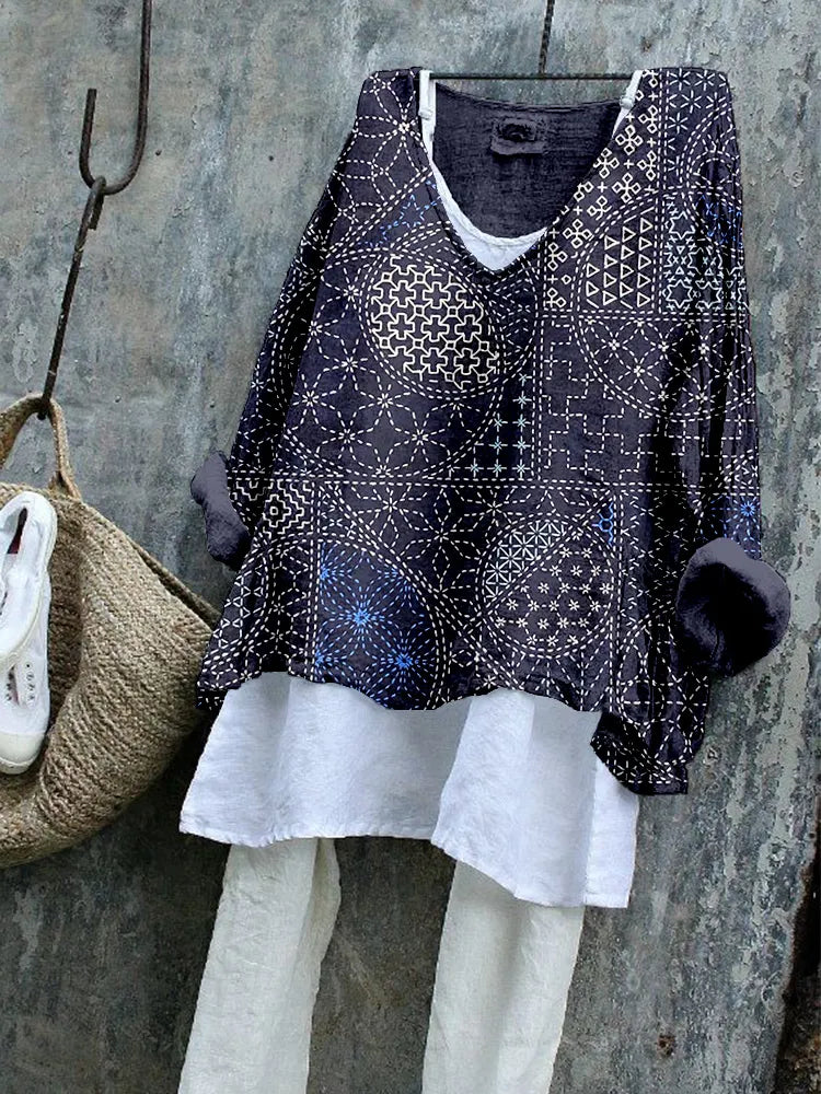 Vintage Japanese Sashiko Art Linen Blend Cozy Tunic