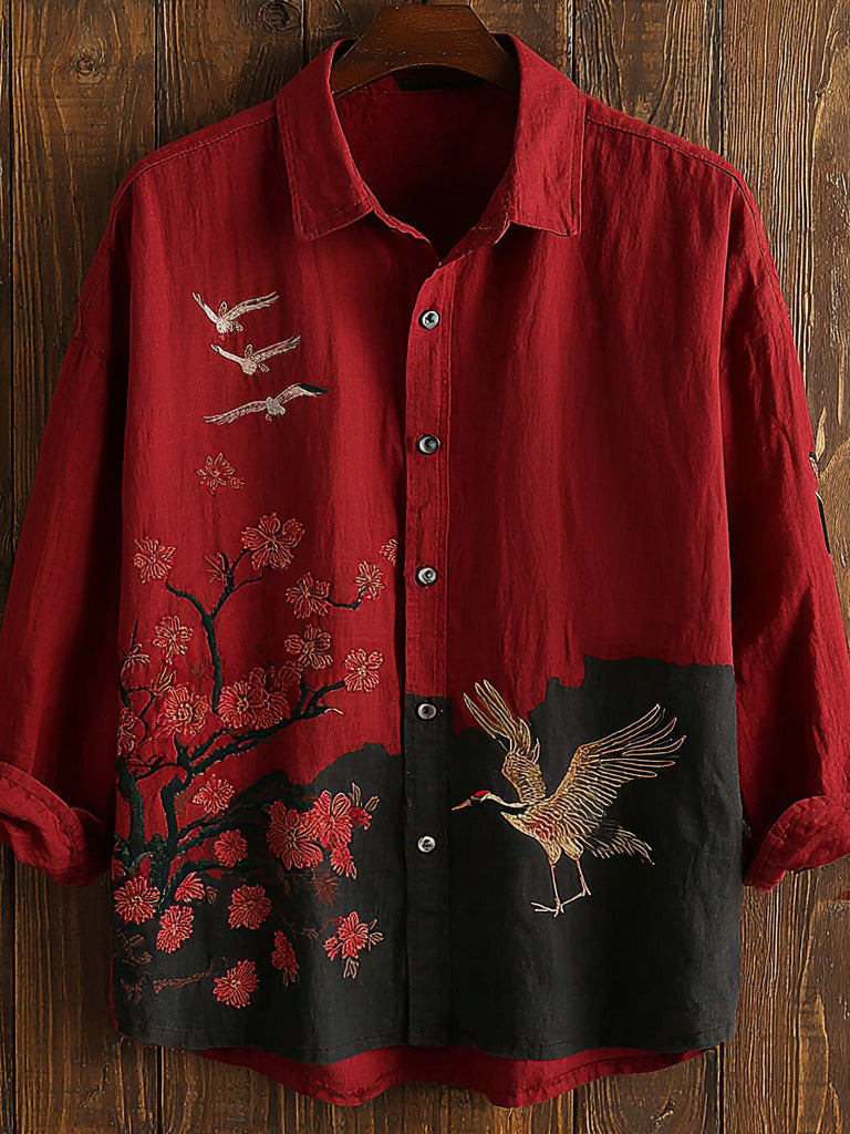 Japanese Cherry Blossom And Crane Art Print Casual Linen Shirt