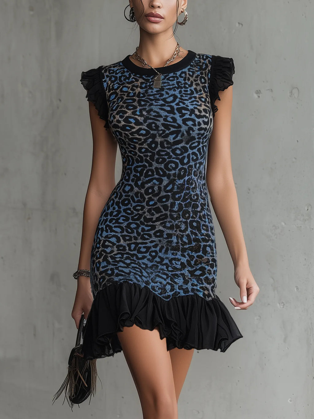 Blue Leopard Print Knitted Ruffle Mini Dress